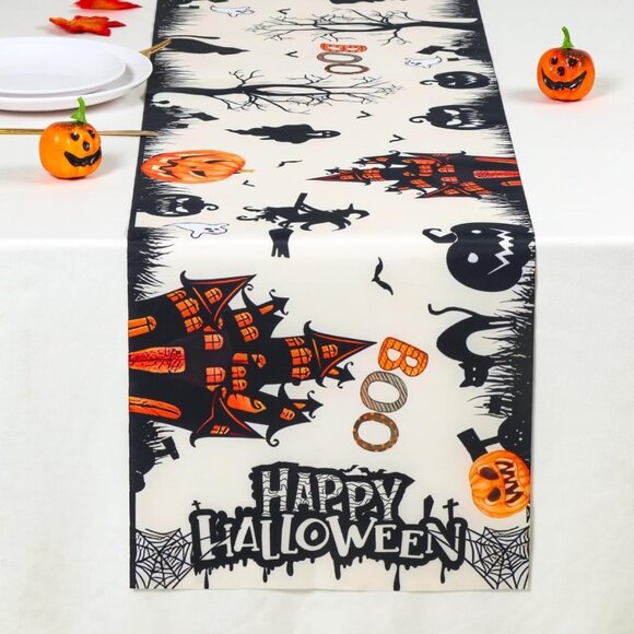 Halloween Haunted House Table Runner 13x72" Burlap Dining Table Décor with Ghost - Picture 1 of 5